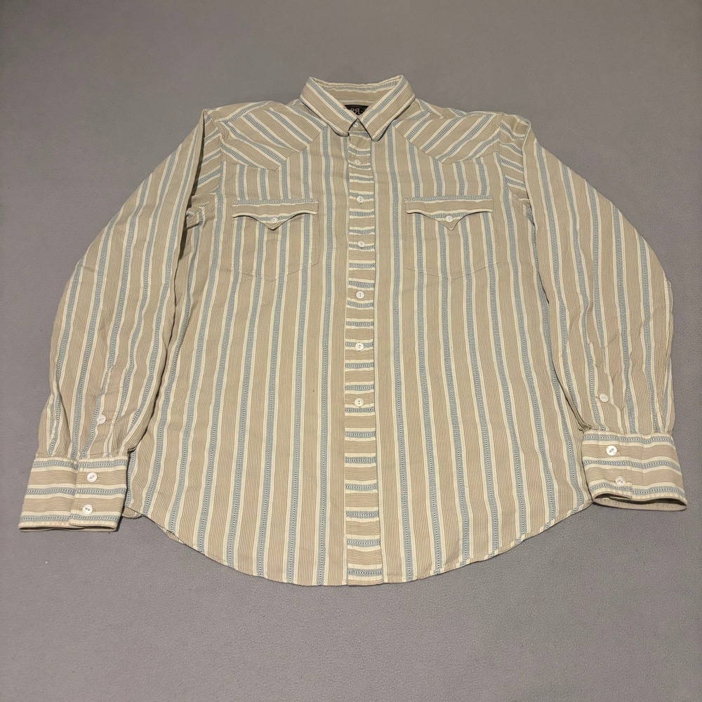 RRL Ralph Lauren Mens XL Striped Western Shirt Long Sleeve Cotton Cream Blue